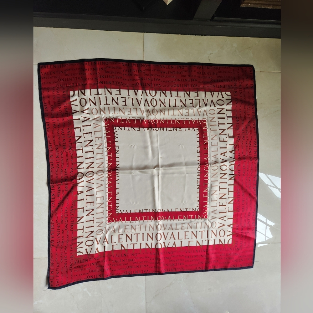 Valentino Logo Silk Scarf Large Square Italy Black Burgundy Red Cream Tan
